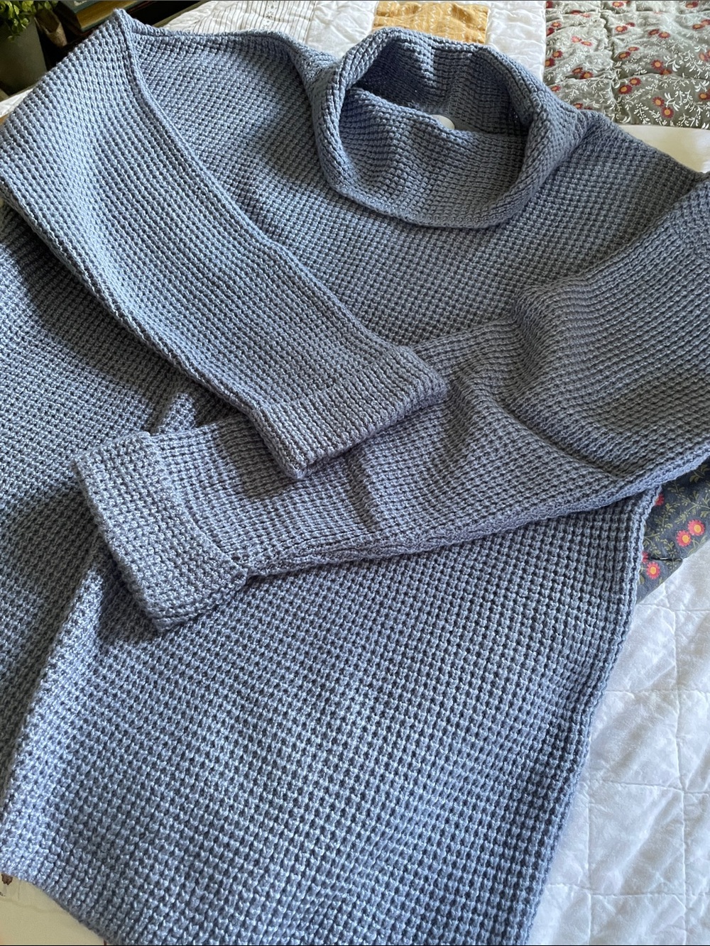 J. Jill cornflower blue waffle weave pullover with cowl neckline